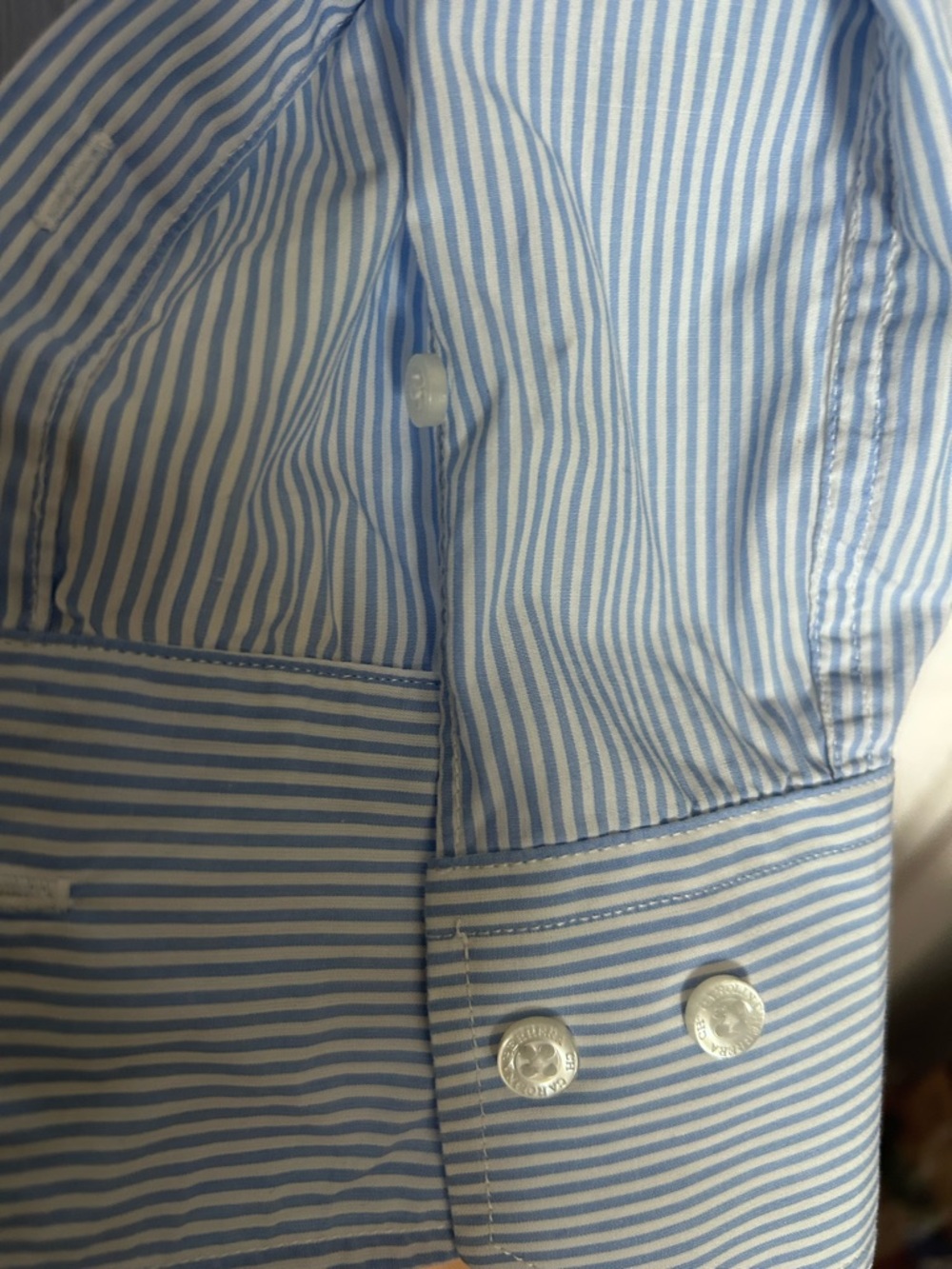 Carolina Herrera Light Blue and White Pinstripe Shirt with Red Label - Picture 4 of 10